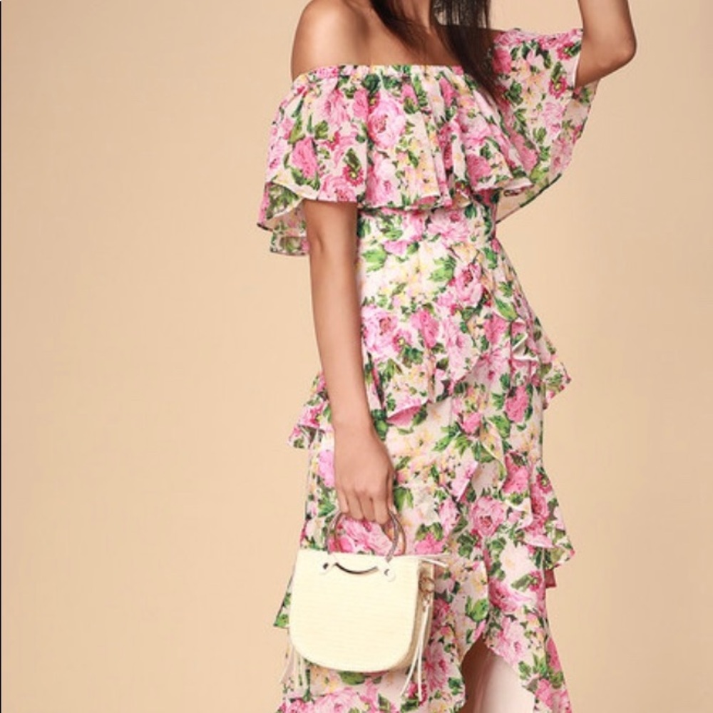 Wayf Floral off the Shoulder Midi Ruffle Dress